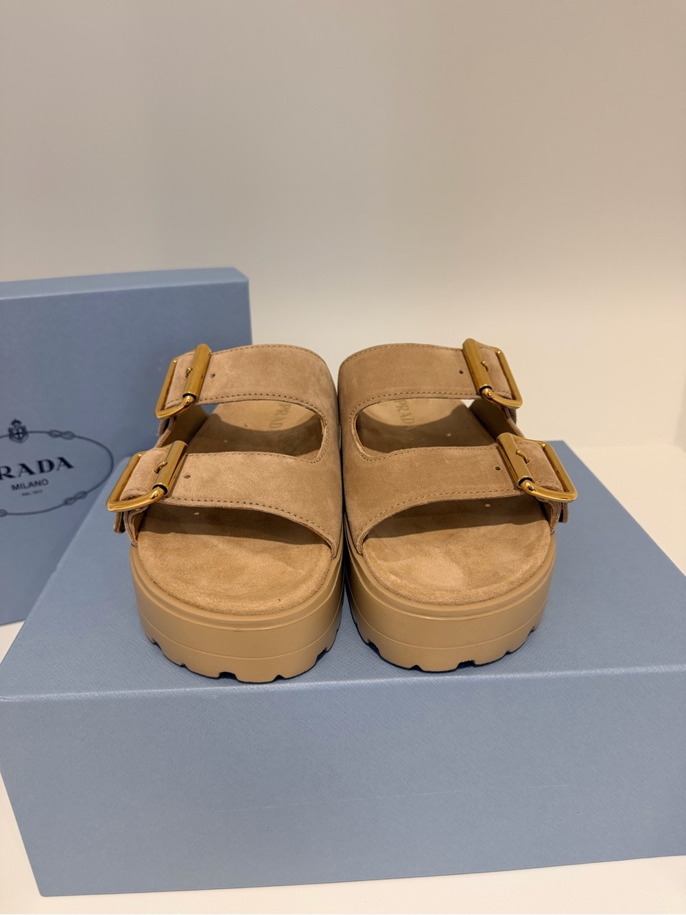 NWT SIZE 38- Prada Tan Suede Dual-Buckle Platform Sandals - Picture 5 of 8